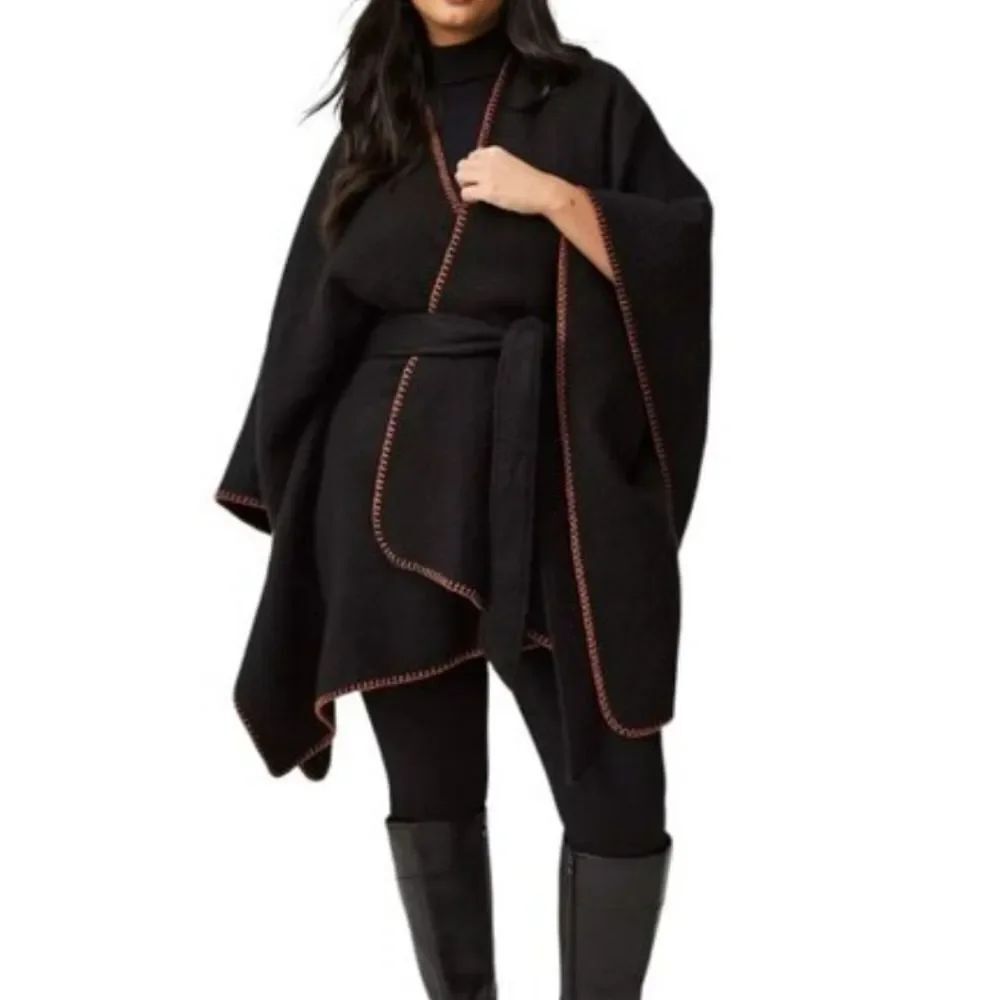 Torrid Belted Ruana Poncho Black Orange Trim One Size